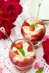 Dessert with sweet cottage cheese ricotta and strawberries