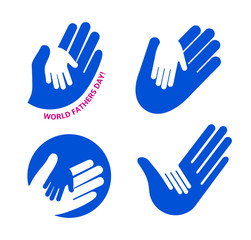 Holding Hand of a child in the hand of an adult vector logo set. World Father Day. Symbol of care, kindness, family, children, parents.