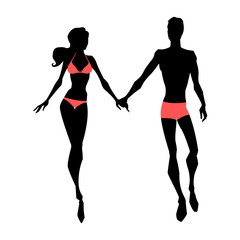 Silhouette of the walking couple. In swimwears. Vector illustration.