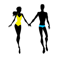 Silhouette of the walking couple. In swimwears. Vector illustration.