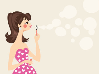 Beautiful woman in pink dress blowing soap bubbles. Vector illustration