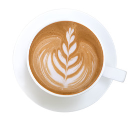 Top view of hot coffee cappuccino latte art foam isolated on white background, clipping path included