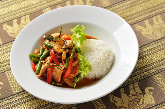 Thai stir fried chilli and basil chicken with rice