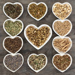 Herb selection used in herbal medicine for anxiety and sleeping disorders in white china heart shaped dishes.  