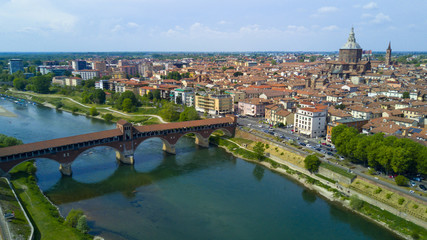 Fototapeta na wymiar Aerial video shooting with drone on Pavia, famous Lombardia city near the Ticino river in northern Italy