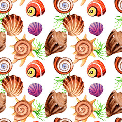 Watercolor summer beach seashell tropical elements pattern, underwater creatures.