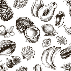 Vector illustration sketch pineapple, banana, dragon fruit, citrus, coconut, papaya, fig.