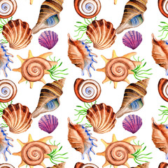 Watercolor summer beach seashell tropical elements pattern, underwater creatures.
