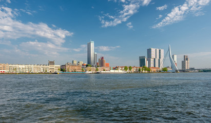 Fototapeta premium Rotterdam city cityscape skyline with Erasmus bridge and river. South Holland, Netherlands.