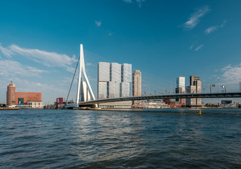 Rotterdam city cityscape skyline with Erasmus bridge and river. South Holland, Netherlands.