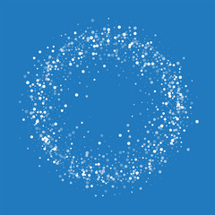 Random falling white dots. Circle frame with random falling white dots on blue background. Vector illustration.