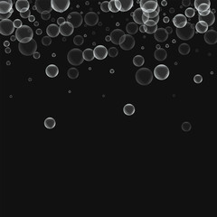 Random soap bubbles. Scatter top gradient with random soap bubbles on black background. Vector illustration.