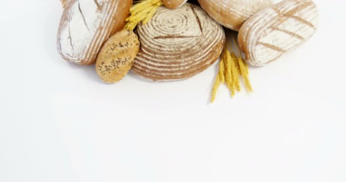 Various types of breads with wheat grains