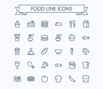 Food vector mini icons set. Thin line outline 24 x 24 Grid.Pixel Perfect