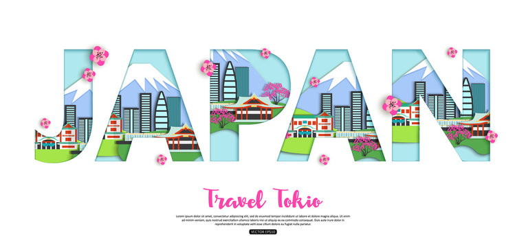 Trendy Japan travel vector design with sakyra, fujiama, city. Vector illustration