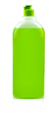 Green bottle with dishwashing detergent