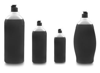 Set of black  bottles with dishwashing detergent