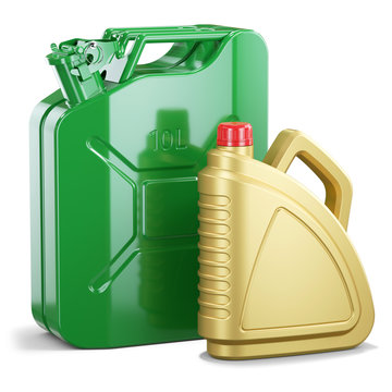 Group of jerry can and plastic motor oil canister