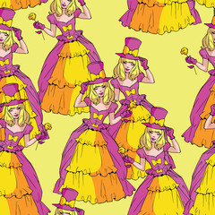 Seamless pattern with elegant, eccentric and beautiful women wearing unusual colorful clothes