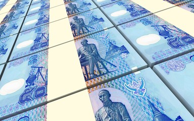 Thai baht bills stacked background. 3D illustration