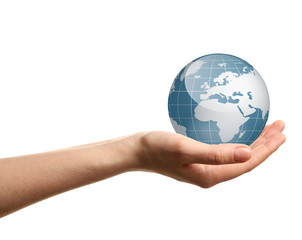 Open palm hand gesture on white background