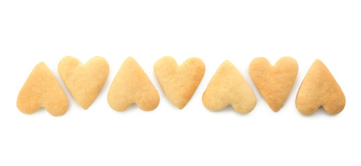 Heart shaped butter cookies on white background