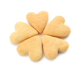 Heart shaped butter cookies on white background