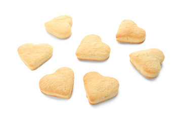 Heart shaped butter cookies on white background