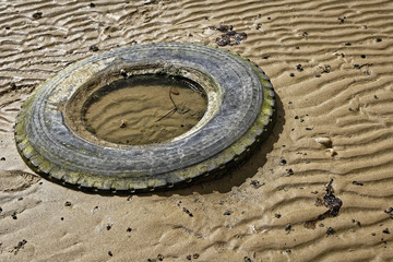 Old Tyre Discarded on Beach