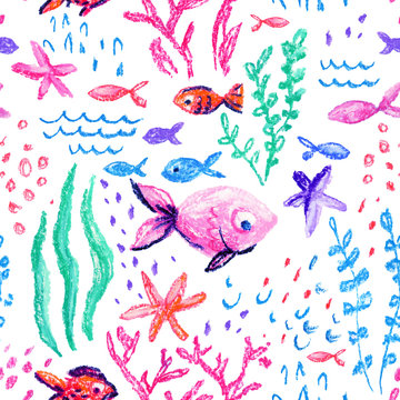 Crayon childlike marine seamless pattern