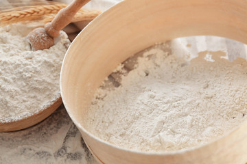 Big sieve with flour, close up