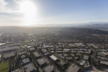 Aerial view of industrial buildings and neighborhoods in Camarillo, California.  