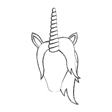 monochrome blurred silhouette of front face of faceless unicorn with mane vector illustration