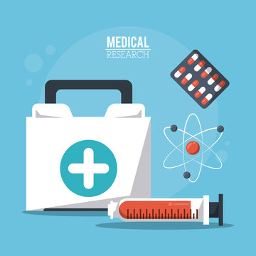 color poster medical research with first aid kit and syringe and pills and atom icon vector illustration