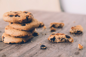  Chocolate chip cookies on old wooden table