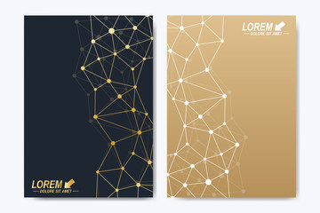 Vector template for brochure, Leaflet, flyer, advert, cover, catalog, poster, magazine or annual report. Golden presentation book layout. Geometric pattern with connected lines and dots. Lines plexus.