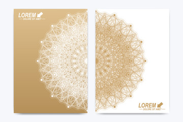 Modern vector template for brochure, Leaflet, flyer, advert, cover, catalog, poster, magazine or annual report. Business, science and technology design book layout. Presentation with golden mandala.