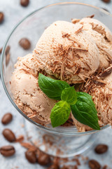 Homemade coffee ice cream with chocolate and mint. Selective focus