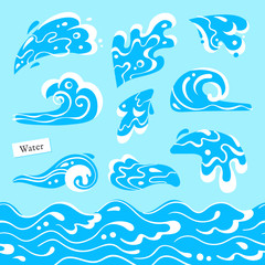 Fototapeta na wymiar Set of isolated sea or ocean wave, splashes of water and seamless pattern marine stream. Tidal gale shape with foam.