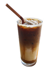 Refreshing cold coffee latte with condensed water droplets on glass surface isolated on white background, clipping path included.