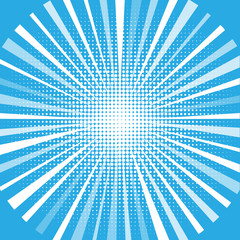 Halftone circles, halftone dot pattern. Starburst shape. Radiating, radial, merging lines.