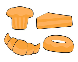 Set of sweet donut, croissant, cupcake, cake,  cartoon style vector illustration isolated on white background.