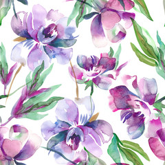 Peonies Seamless Pattern. Watercolor Background.