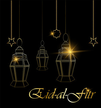 Ramadan beautiful greeting card with hanging lanterns, moon and stars on black background. Muslim traditional holiday. Vector.