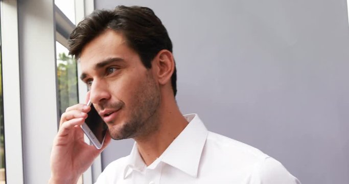 Portrait of smiling executive talking on mobile phone