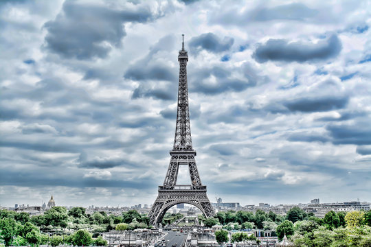 Eiffel Tower in Paris. Vintage HDR view. Tour Eiffel HDR style photo. 