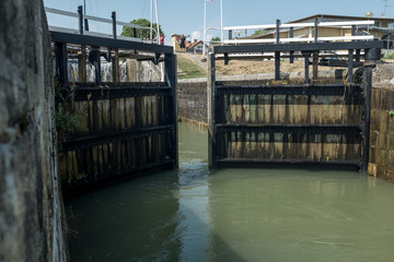 The floodgates/sluice gates opening at Berga Sluss at Göta Kanal in Sweden