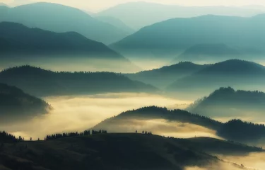 Silhouetten von Bergen. Ein nebliger Herbstmorgen. Morgendämmerung in den Karpaten © sergnester