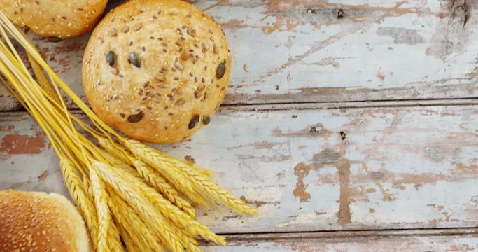 Various types of breads with wheat grains