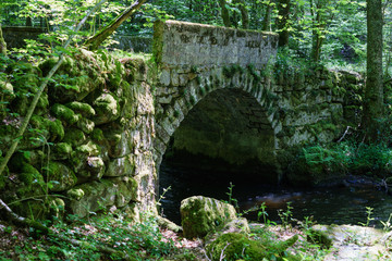 Fototapeta na wymiar F, Burgund, Morvan, Einsiedlei, Kloster, Abbaye de la Pierre-qui-Vire, Wald am Kloster mit alter Steinbrücke